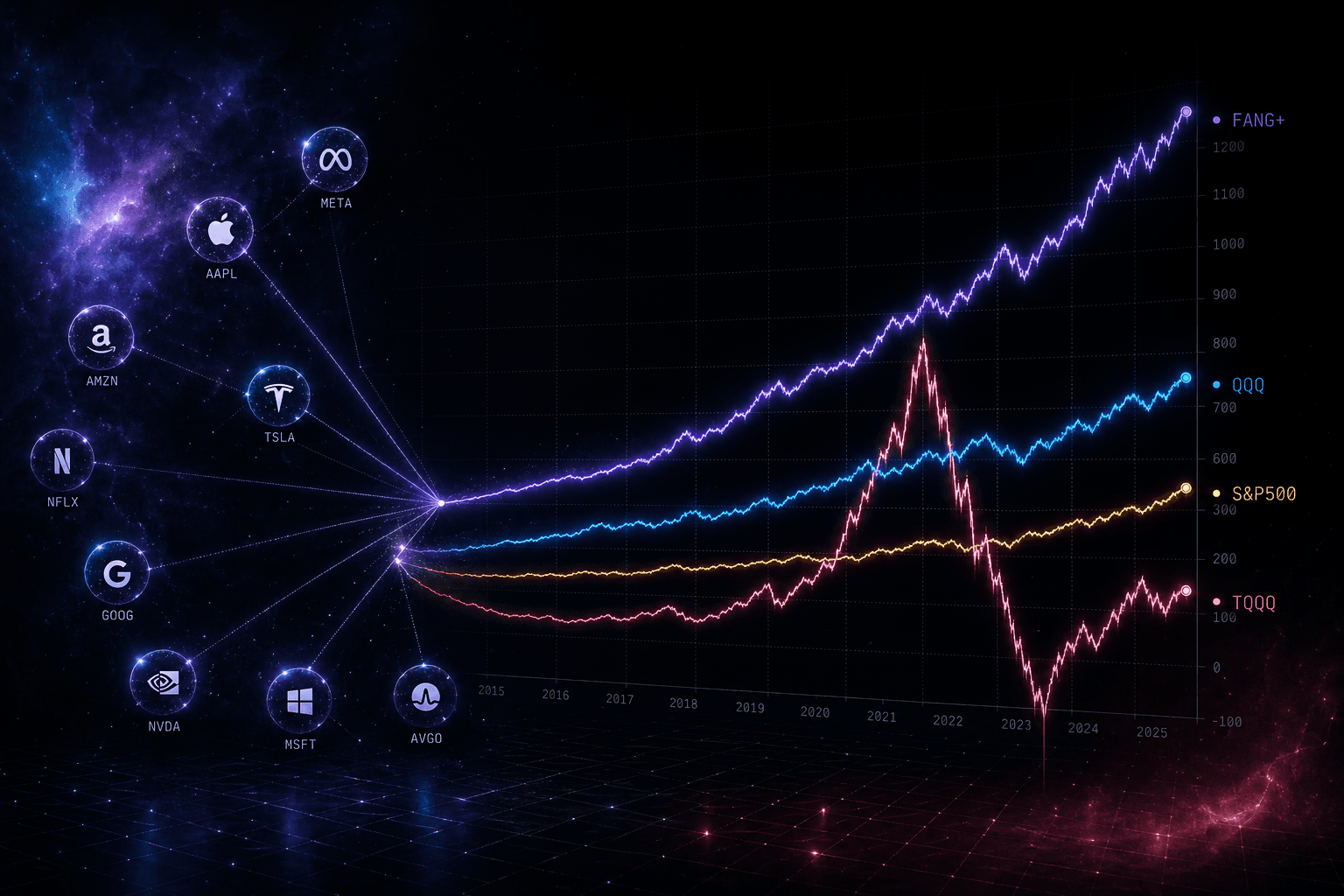 FANG+ vs QQQ vs S&P500 vs TQQQ — 10 銘柄等加重インデックスの正体と、4 つのテック・ベンチマークの年間リターンを並べる