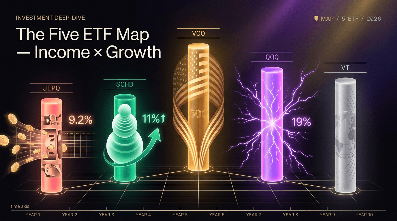 配当 × 成長、5 本の ETF マップ — JEPQ · SCHD · VOO · QQQ · VT —— 『今を生きる ETF』と『未来を買う ETF』を、どう重ねるか