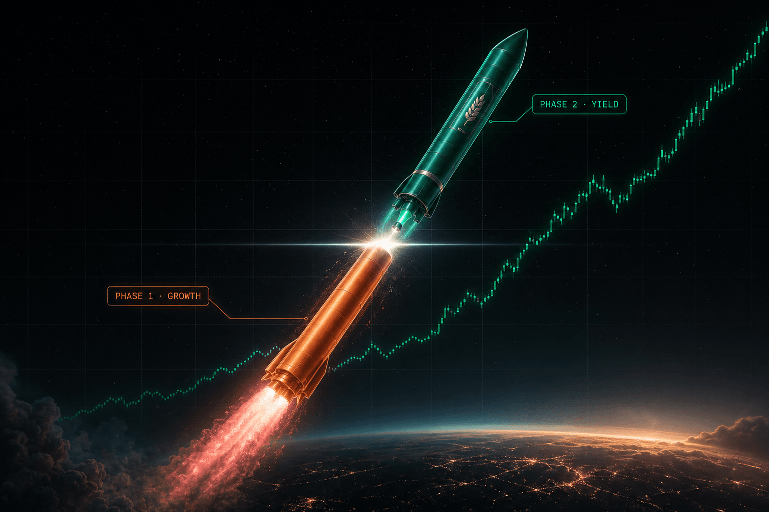 投資の二段ロケット — Phase 1 — 資産増大期（高リスク × 高倍率） × Phase 2 — 利回り収穫期（インカムを刈る）
